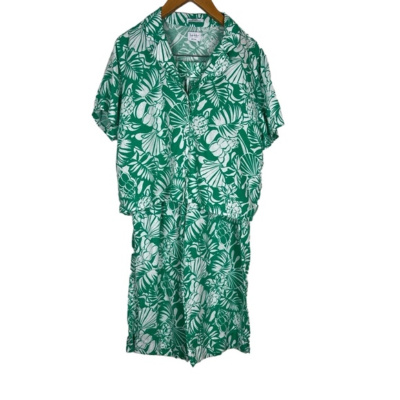 Nicole Miller Other - Nicole Miller Womens Large Green‎ White Tropical Linen Lounge Set Resort